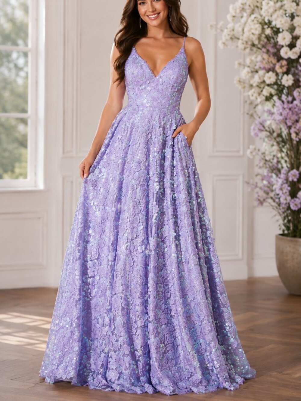 Title: NWT Lucci Lu 1325 Lilac Sequin Floral A-Line Prom Gown Size 8